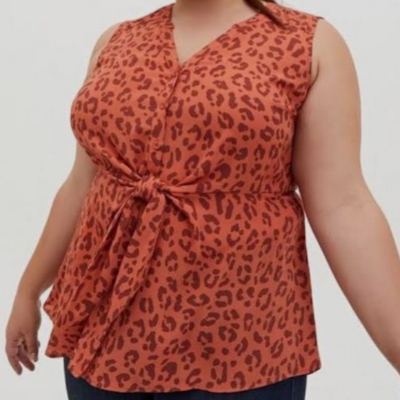 Torrid Peplum Georgette Button Tie Front Blouse Orange Leopard Sleeveless 3 NWOT - Picture 1 of 5